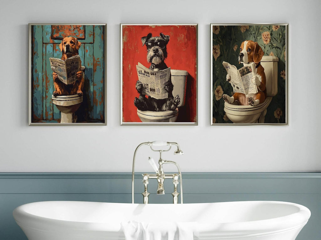 Dog Reading On The Toilet | Canine News | Bathroom Humour Wall Art - Larosier Prints