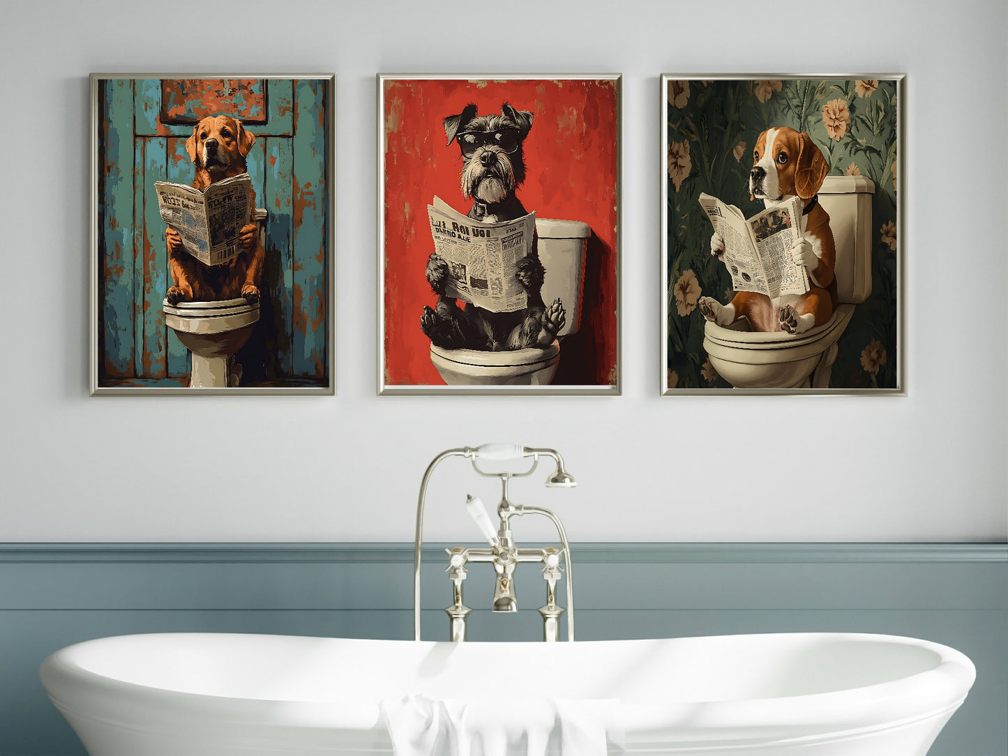 Dog Reading On The Toilet | Canine News | Bathroom Humour Wall Art