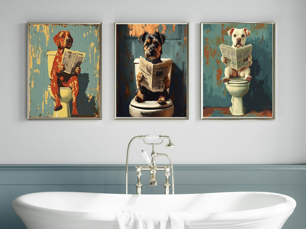 Dog Reading On The Toilet | Canine News | Bathroom Humour Wall Art - Larosier Prints