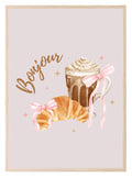 Bonjour Coffee & Croissant Print | Kitchen Food Wall Art - Larosier Prints