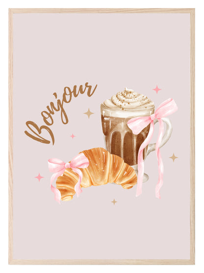 Bonjour Coffee & Croissant Print | Kitchen Food Wall Art