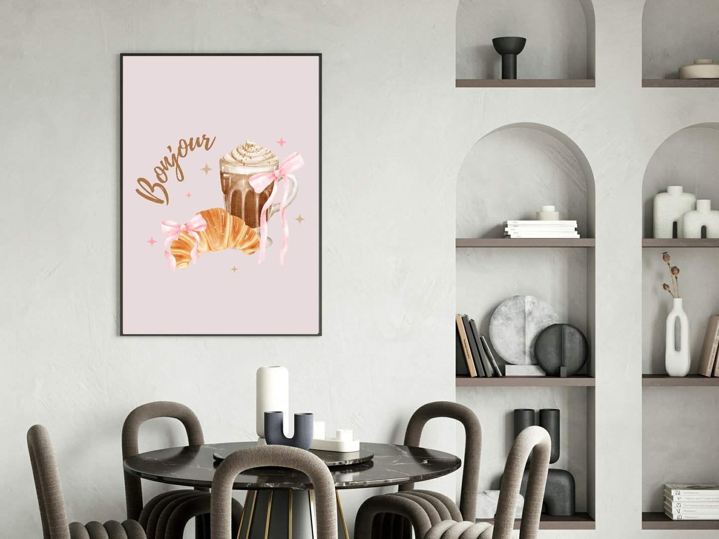 Bonjour Coffee & Croissant Print | Kitchen Food Wall Art