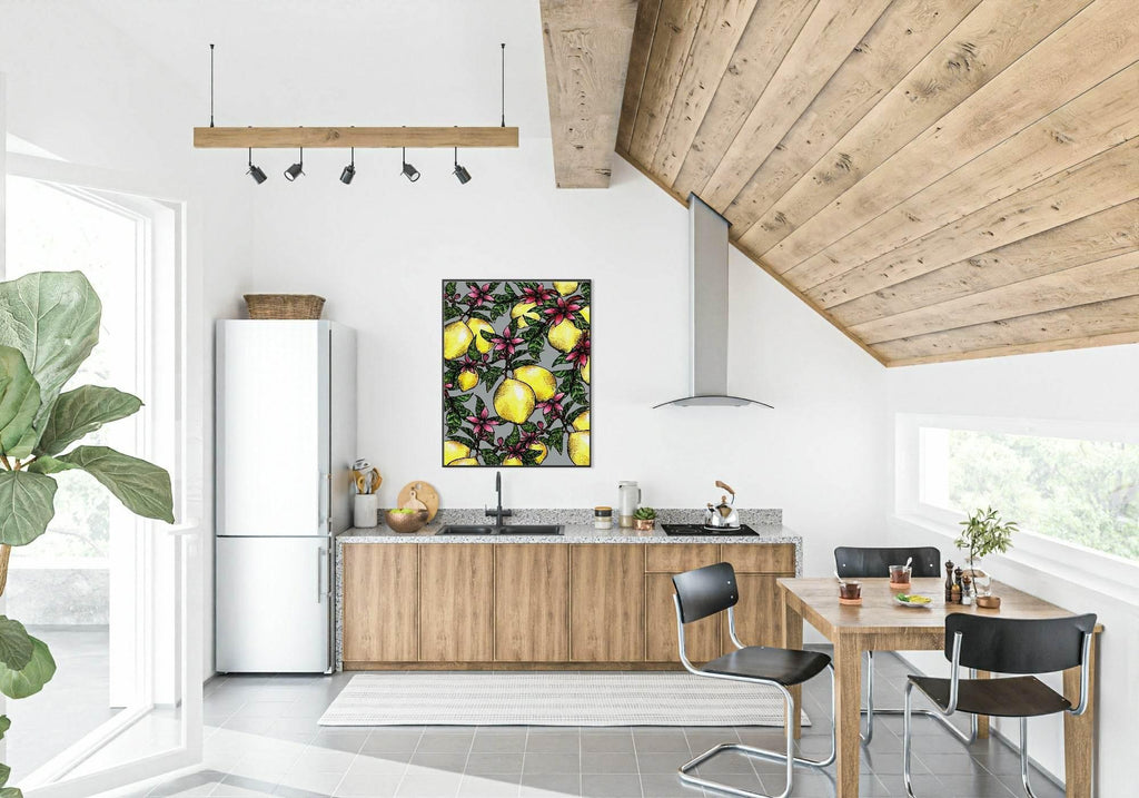 Lemons & Pink Flowers Print | Kitchen Food Wall Art - Larosier Prints