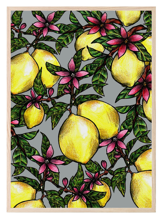 Lemons & Pink Flowers Print | Kitchen Food Wall Art