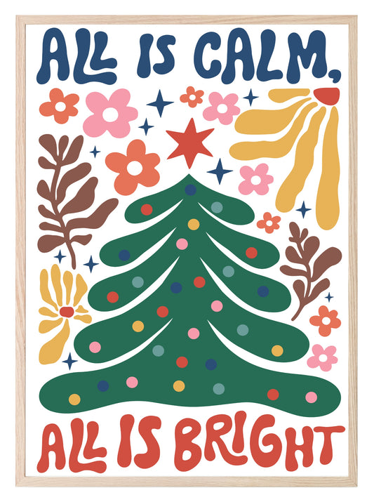 All Is Calm All Is Bright Christmas Tree Print | Floral | Christmas Wall Art