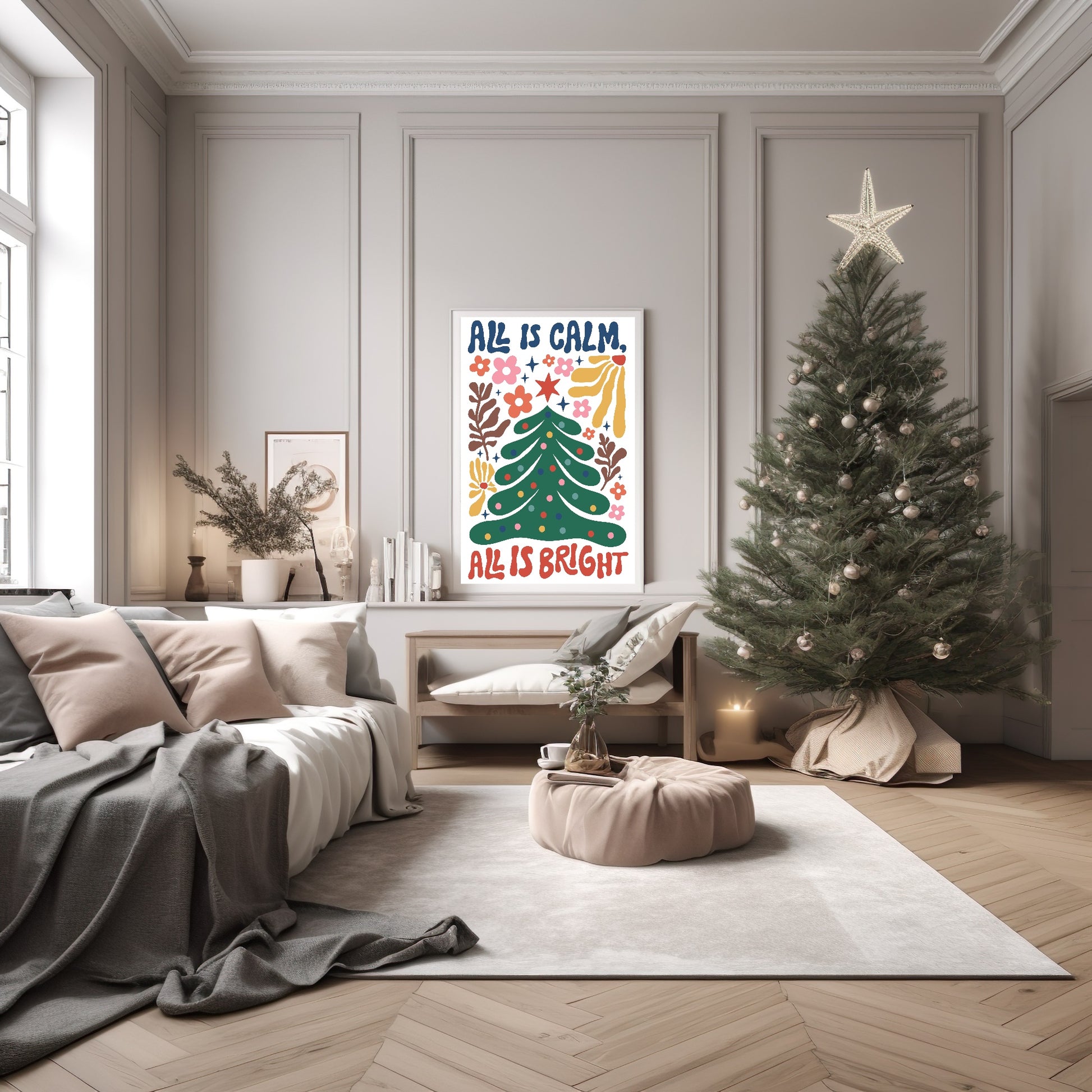 All Is Calm All Is Bright Christmas Tree Print | Floral | Christmas Wall Art