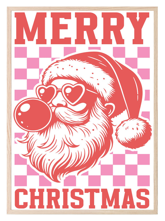 Retro Pink Santa Claus Blowing Bubbles Print | Christmas Wall Art