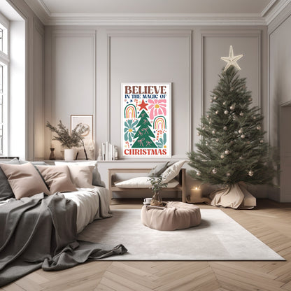 Believe In The Magic Of Christmas Print | Christmas Tree | Floral | Christmas Wall Art