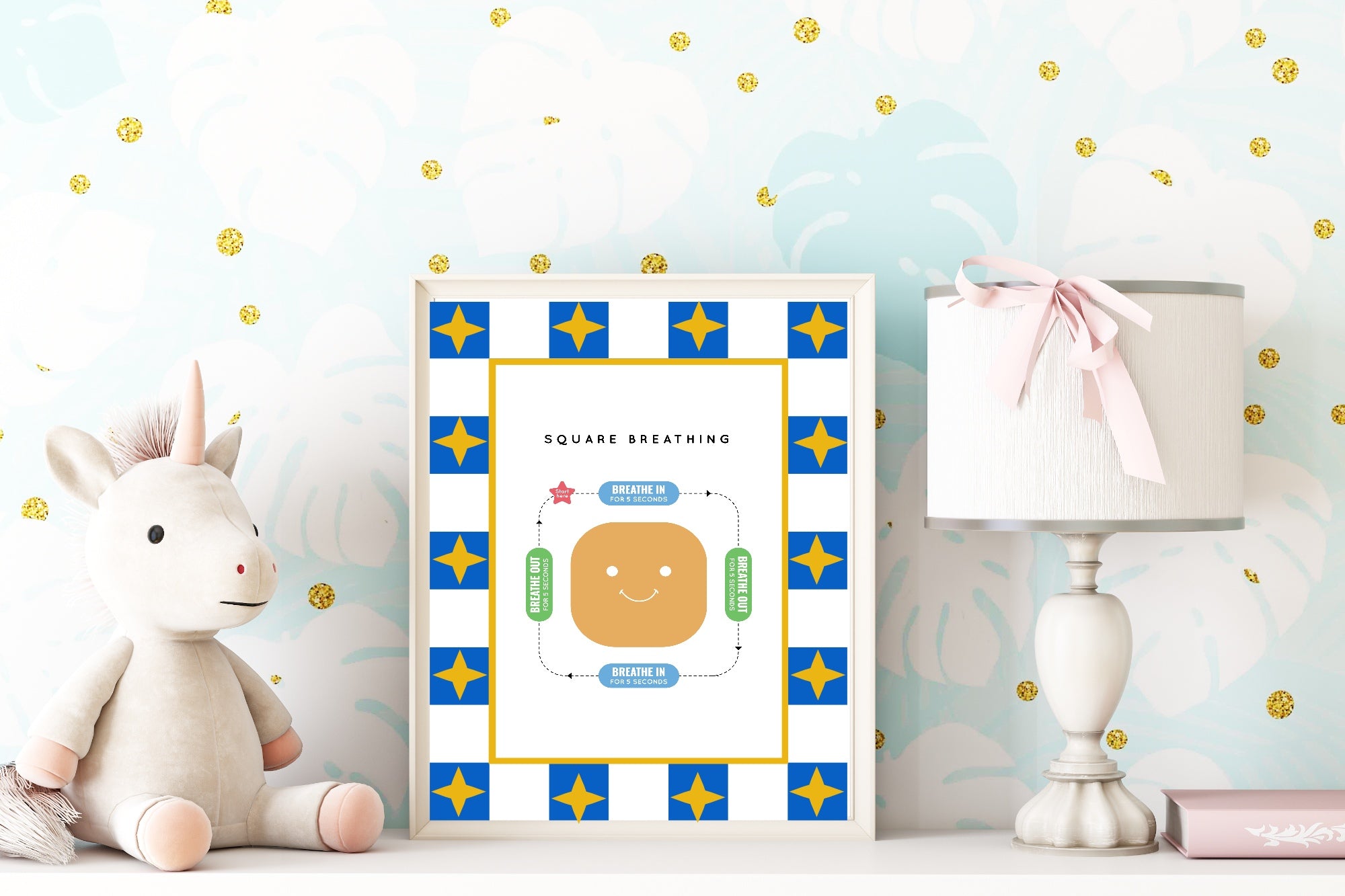 Blue Checked & Stars Square Breathing Poster | Emotional Support Tool Wall Art