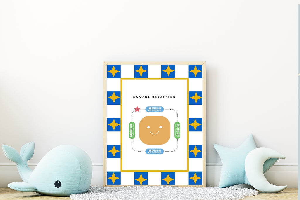 Blue Checked & Stars Square Breathing Poster | Emotional Support Tool Wall Art