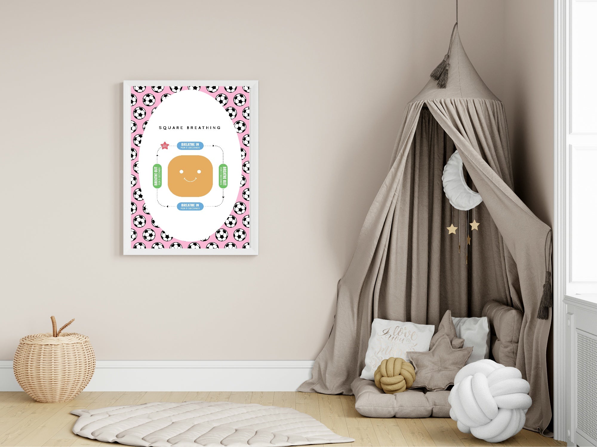 Children's room with a framed picture on the wall, a canopy bed, and decorative pillows.