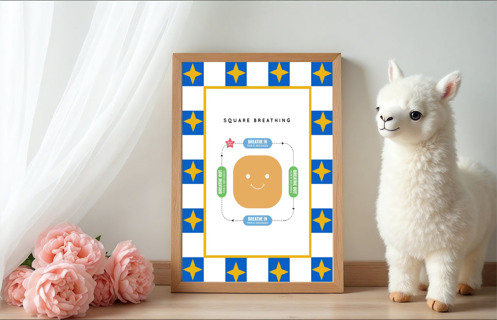Blue Checked & Stars Square Breathing Poster | Emotional Support Tool Wall Art