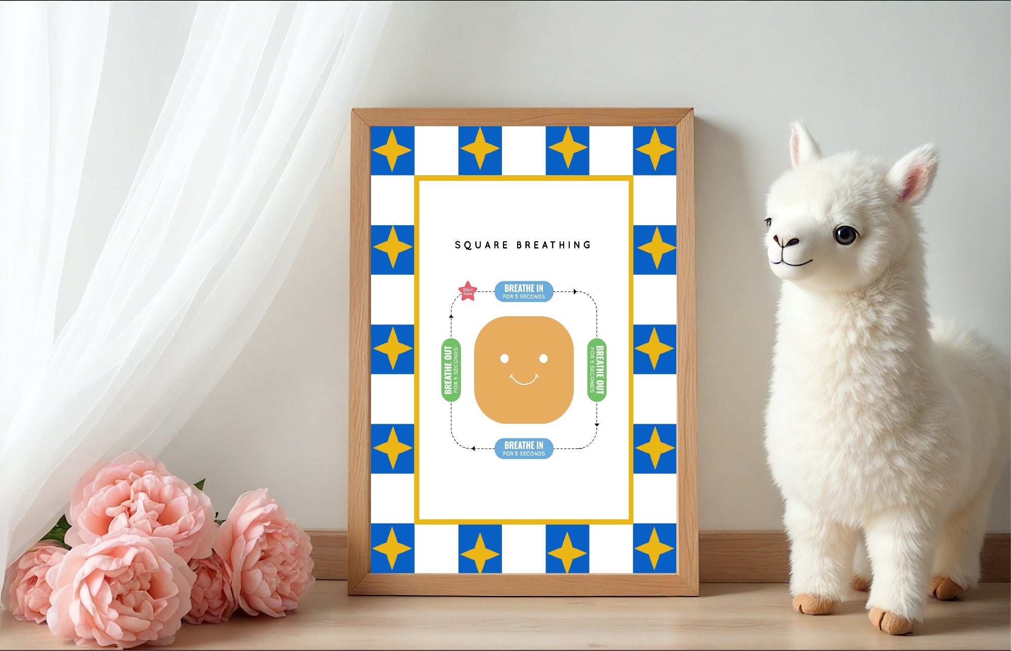 Blue Checked & Stars Square Breathing Poster | Emotional Support Tool Wall Art