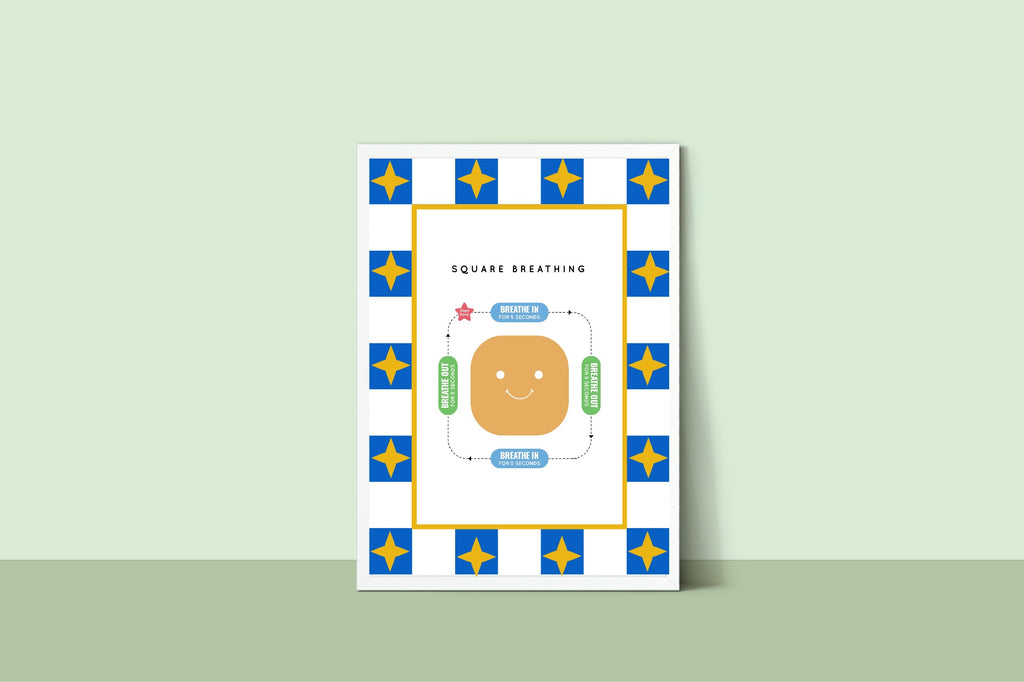 Blue Checked & Stars Square Breathing Poster | Emotional Support Tool Wall Art