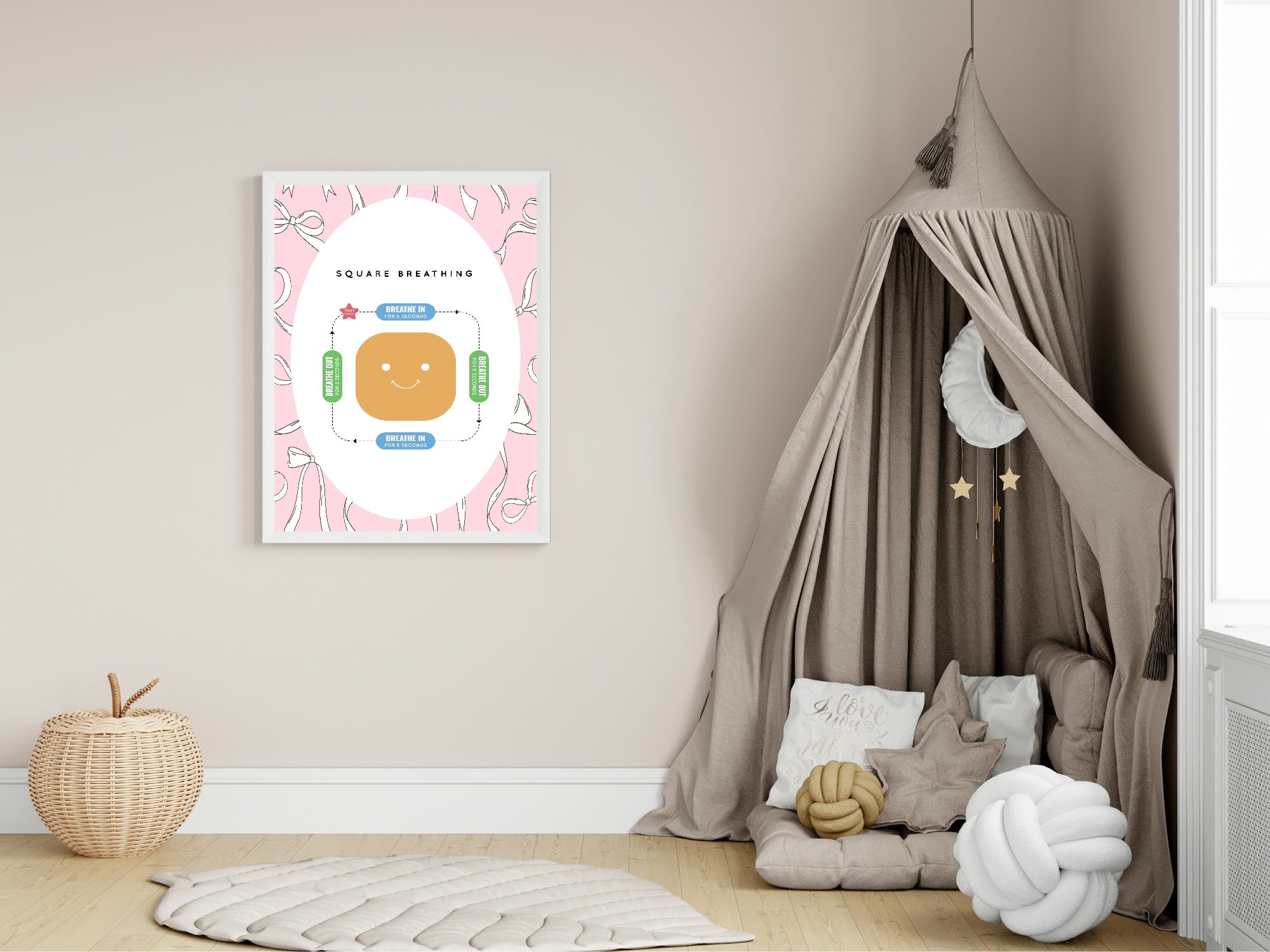 Pink Bow Square Breathing Poster | Emotional Support Tool Wall Art
