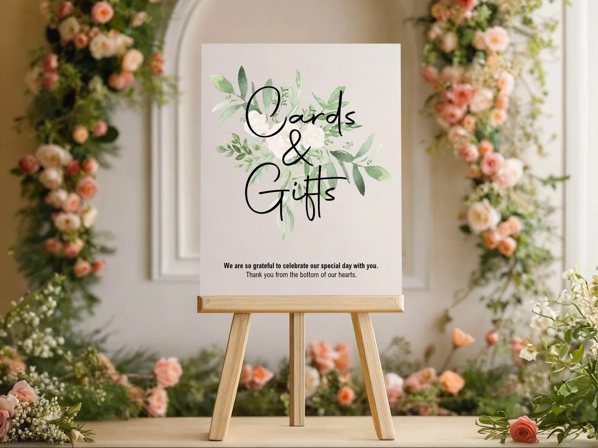 Green & White Rose Cards & Gifts Wedding Party Sign - Larosier Prints