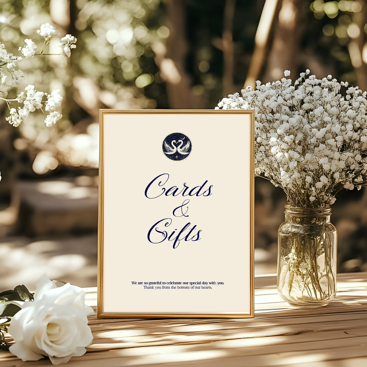 Celestial Swan wedding cards & gifts sign detail