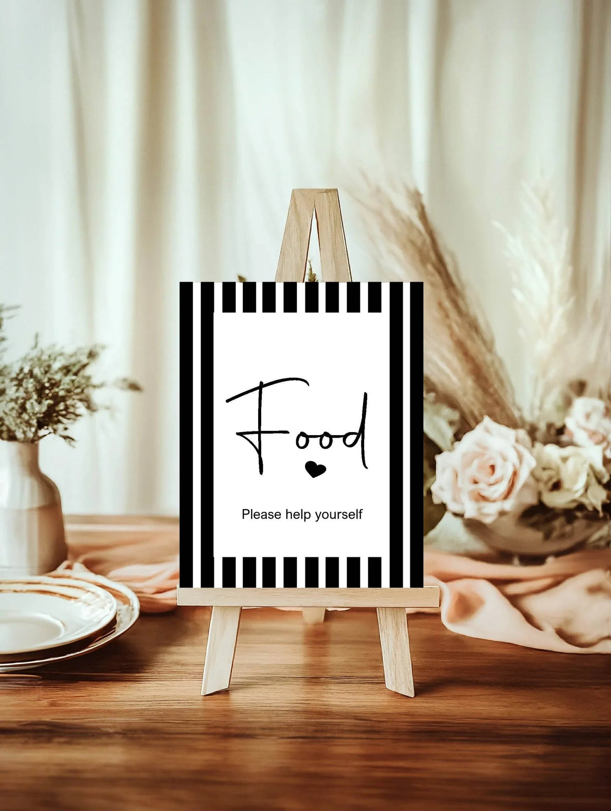 Black & White Stripe custom baby shower party sign example: Black and White Stripe Food Baby Shower Party Sign