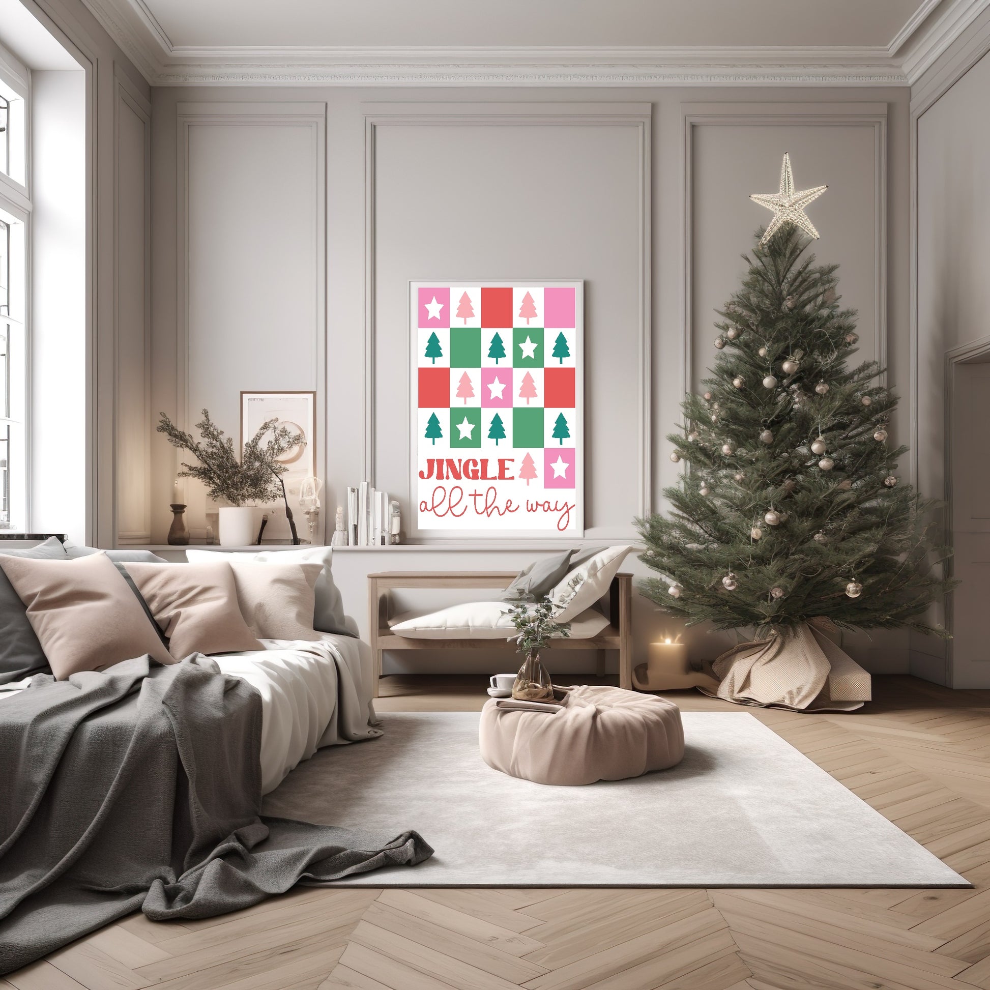 Jingle All The Way Print | Christmas Trees And Stars Patterns | Christmas Wall Art