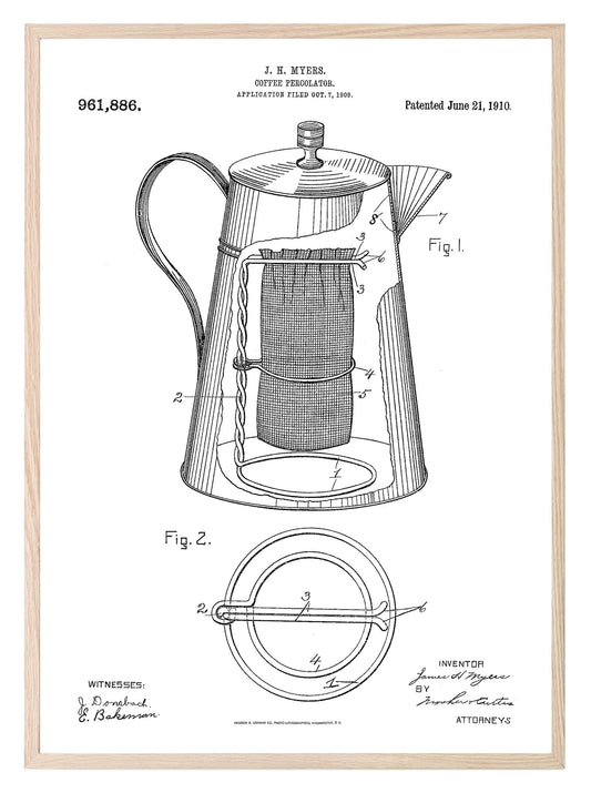 Coffee Percolator 1910 Vintage Patent Print | Kitchen Wall Art
