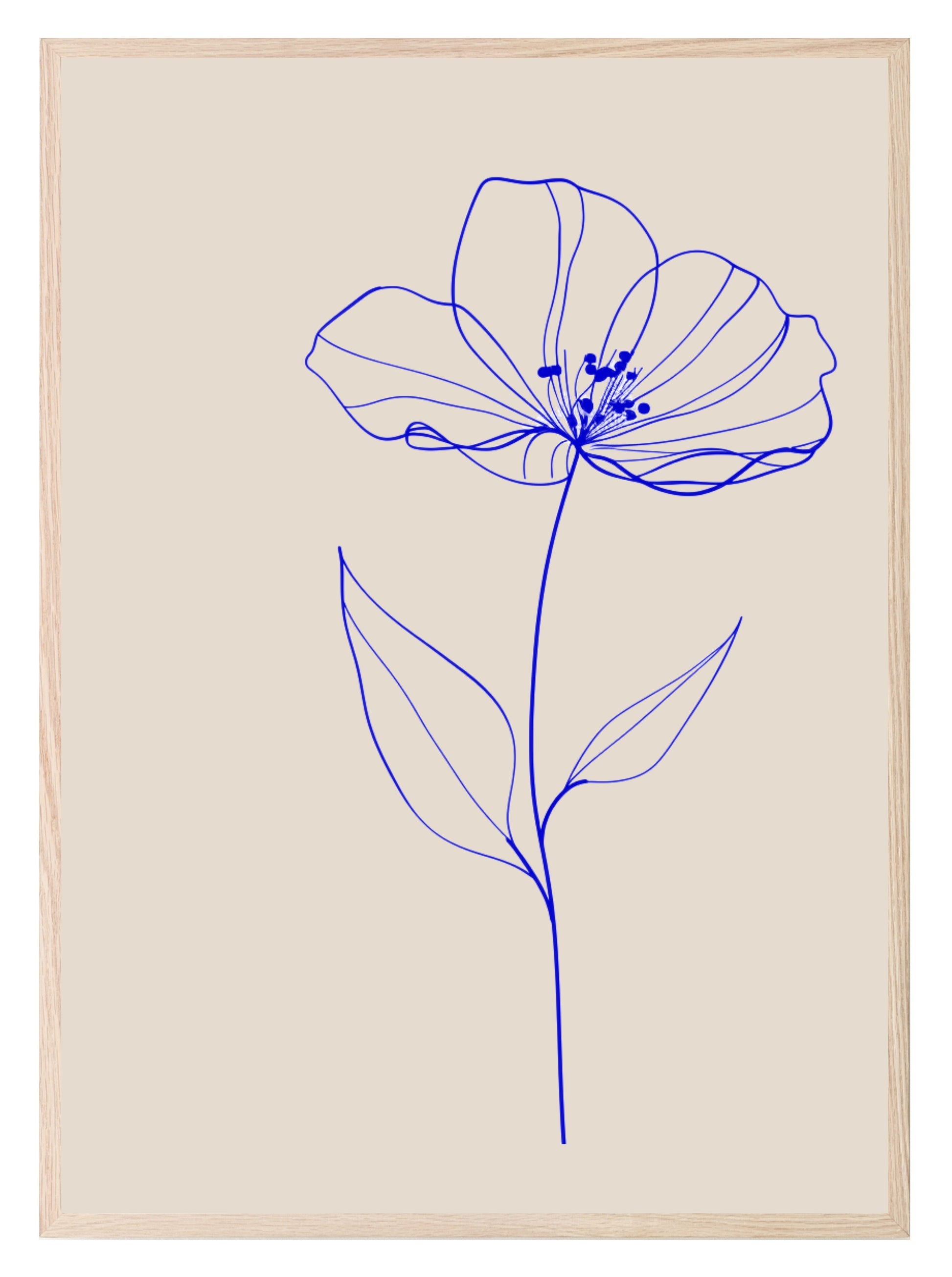 Flower Print | Blue Line Drawing | Beige | Line Art