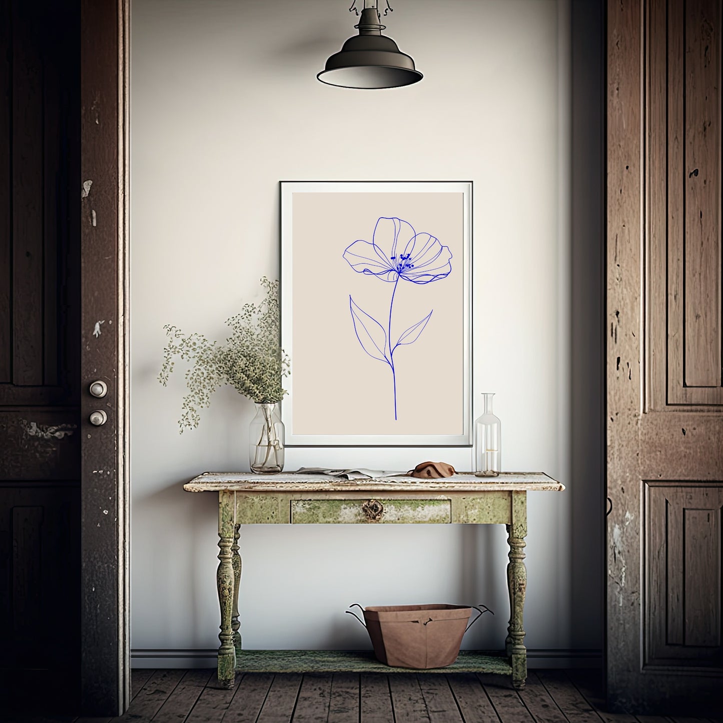 Flower Print | Blue Line Drawing | Beige | Line Art