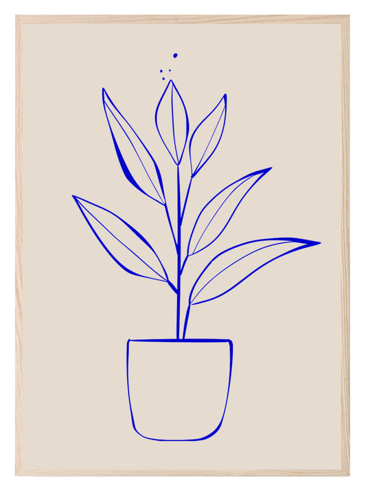 Plant Print | Blue Line Drawing | Beige | Line Art