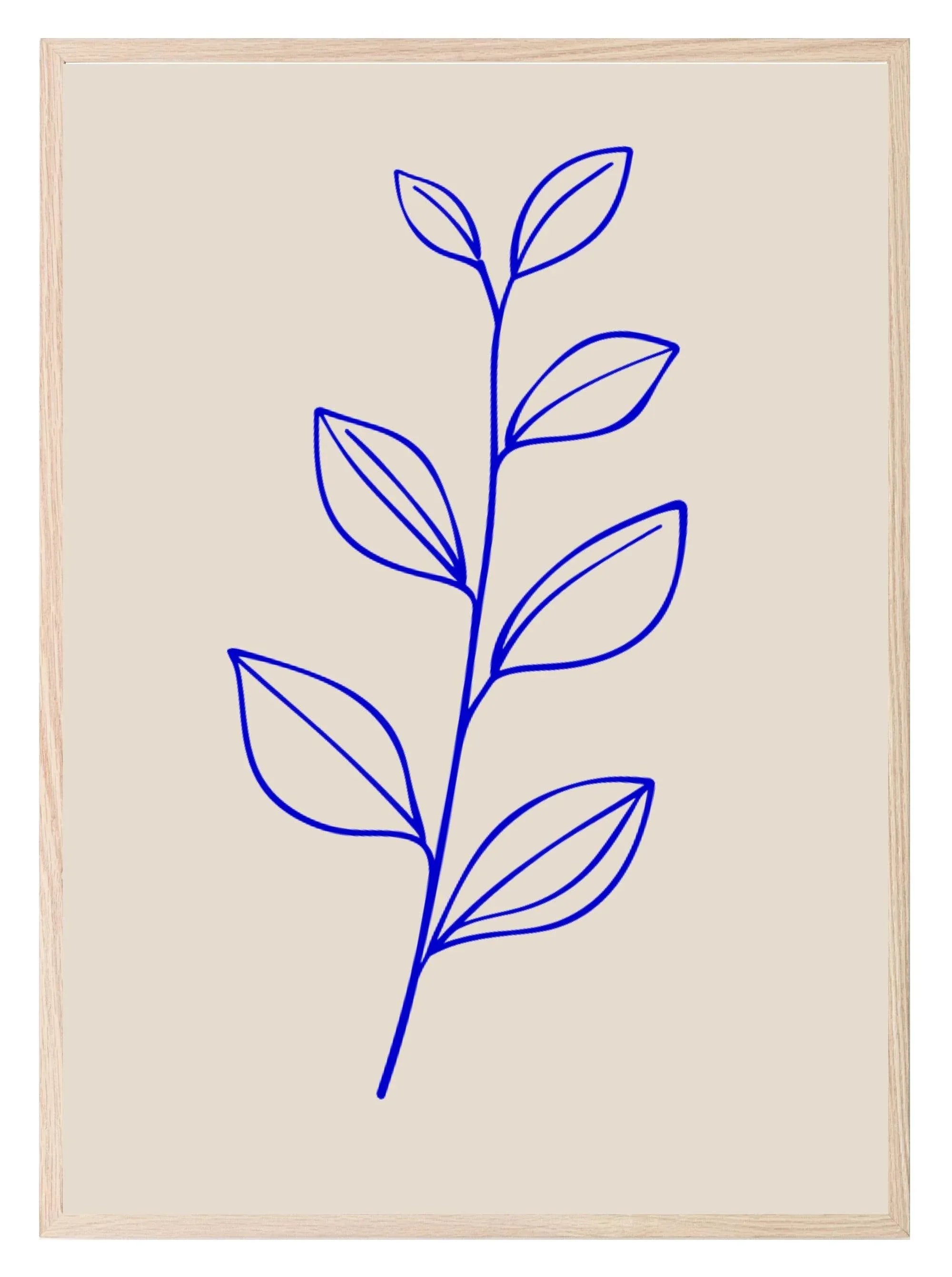 Leaf Print | Blue Line Drawing | Beige | Line Art - Larosier Prints