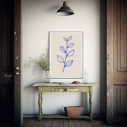 Leaf Print | Blue Line Drawing | Beige | Line Art