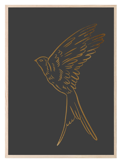 Hand Drawn Gold Bird Print | Black | Animal Wall Art