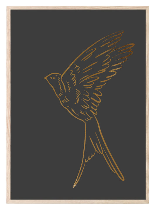 Hand Drawn Gold Bird Print | Black | Animal Wall Art