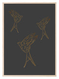 Hand Drawn Trio Gold Birds Print | Black | Animal Wall Art - Larosier Prints