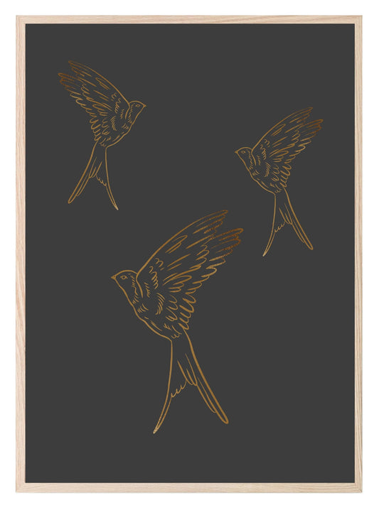 Hand Drawn Trio Gold Birds Print | Black | Animal Wall Art