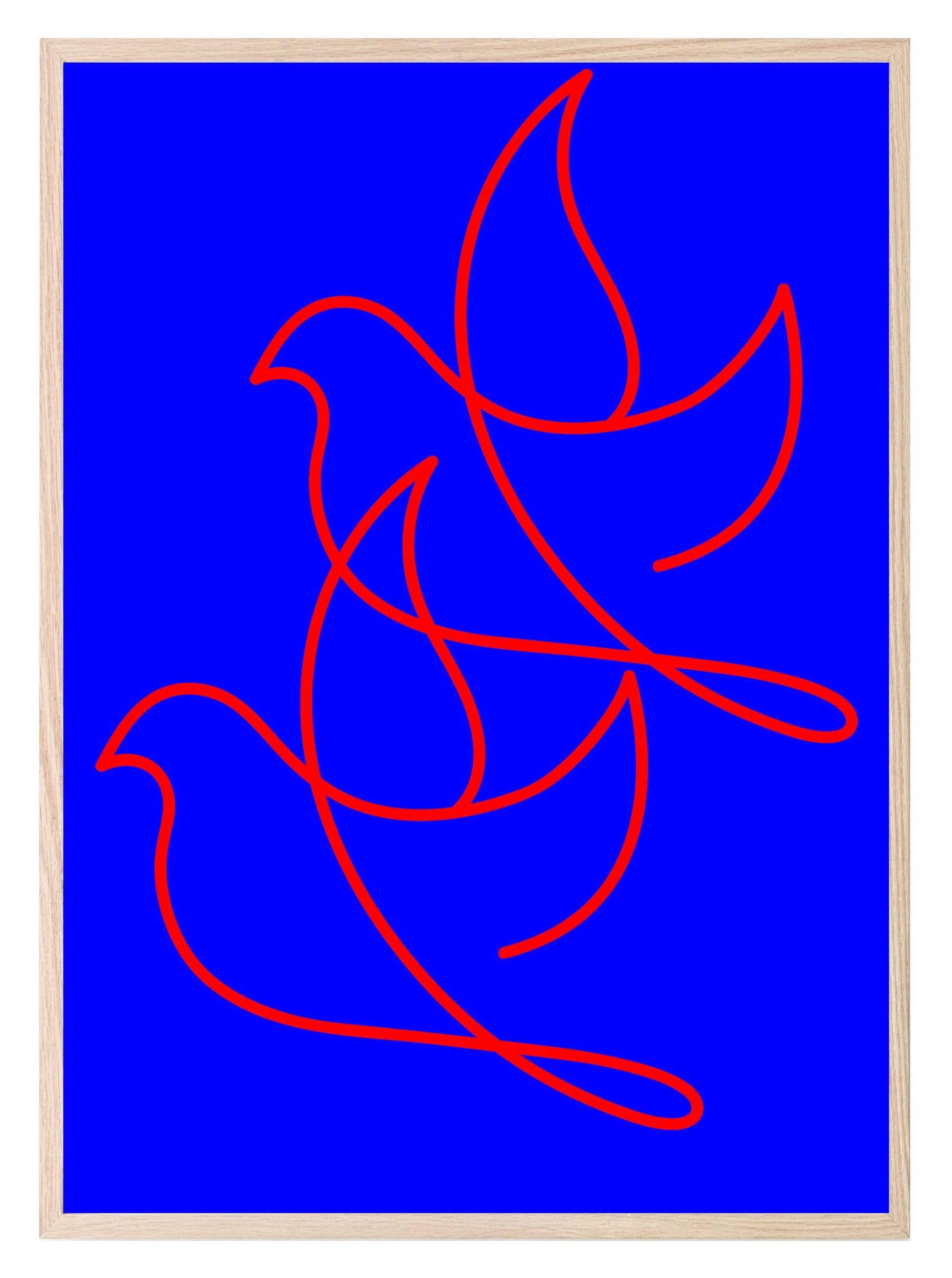 Red Line Drawing Duo Birds Print | Blue | Line Art