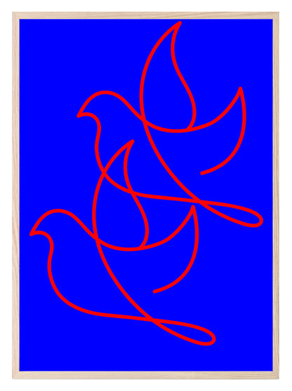 Red Line Drawing Duo Birds Print | Blue | Line Art