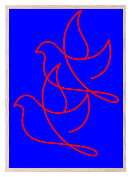 Red Line Drawing Duo Birds Print | Blue | Line Art