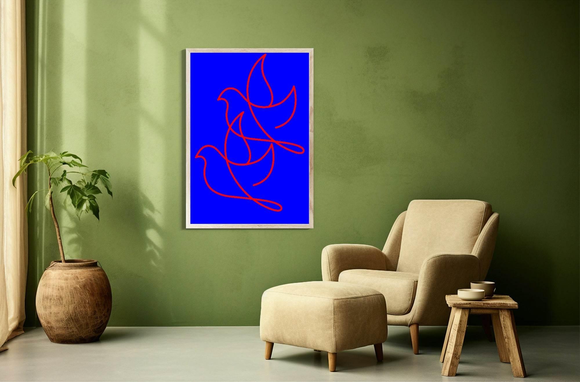 Red Line Drawing Duo Birds Print | Blue | Line Art - Larosier Prints