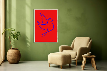 Blue Line Drawing Bird Print | Red | Line Art