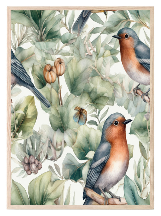 Watercolour Birds Print | Green | Botanical Wall Art