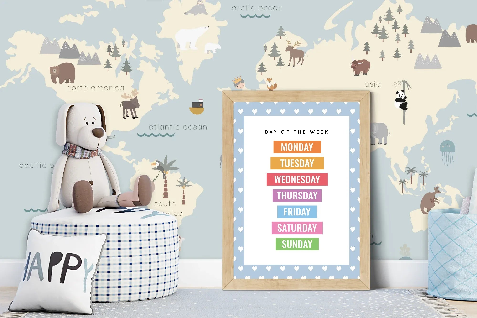 Blue & White Heart Days Of The Week Poster | Educational Wall Art - Larosier Prints