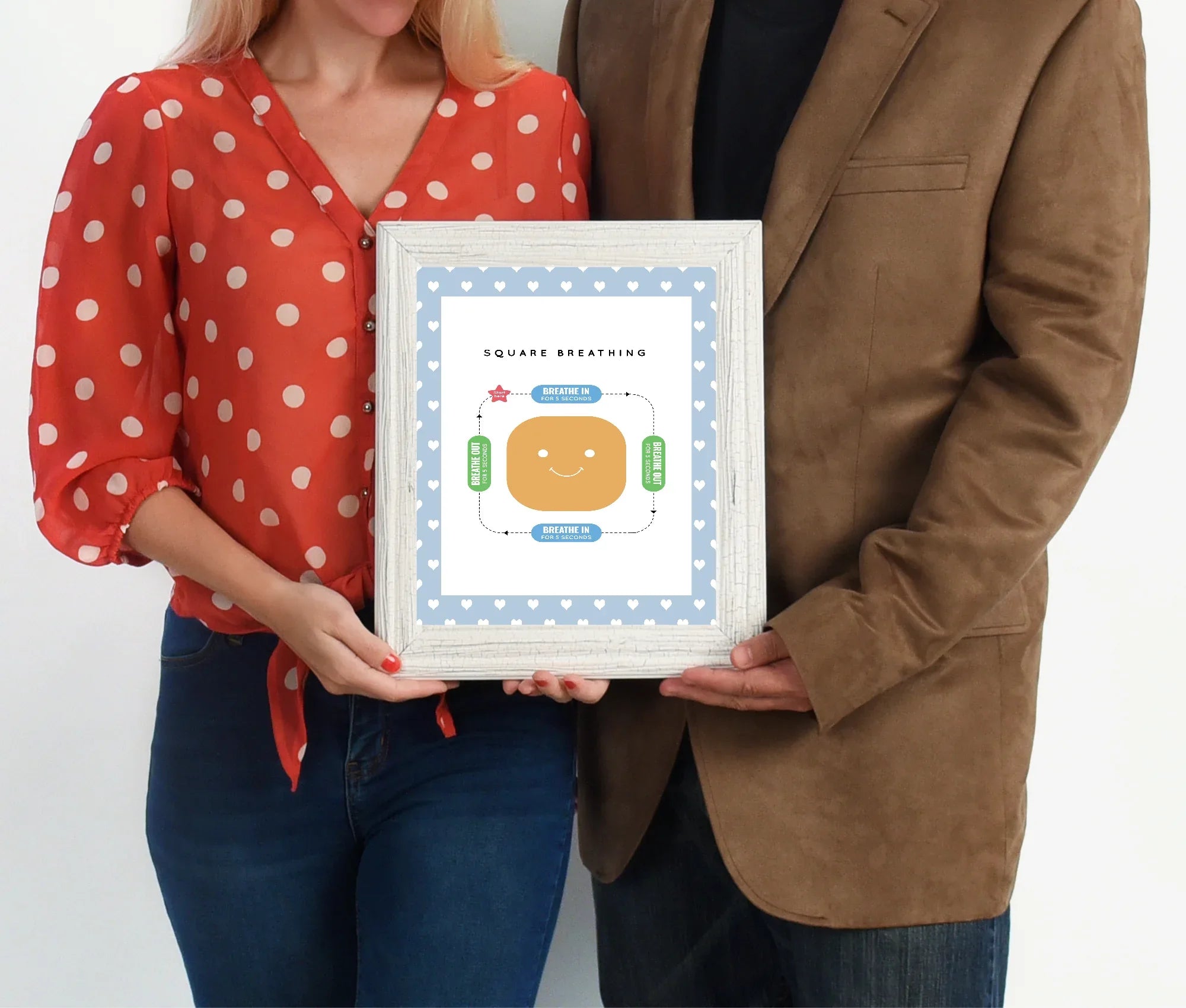 Blue & White Heart Square Breathing Poster | Emotional Support Tool Wall Art - Larosier Prints