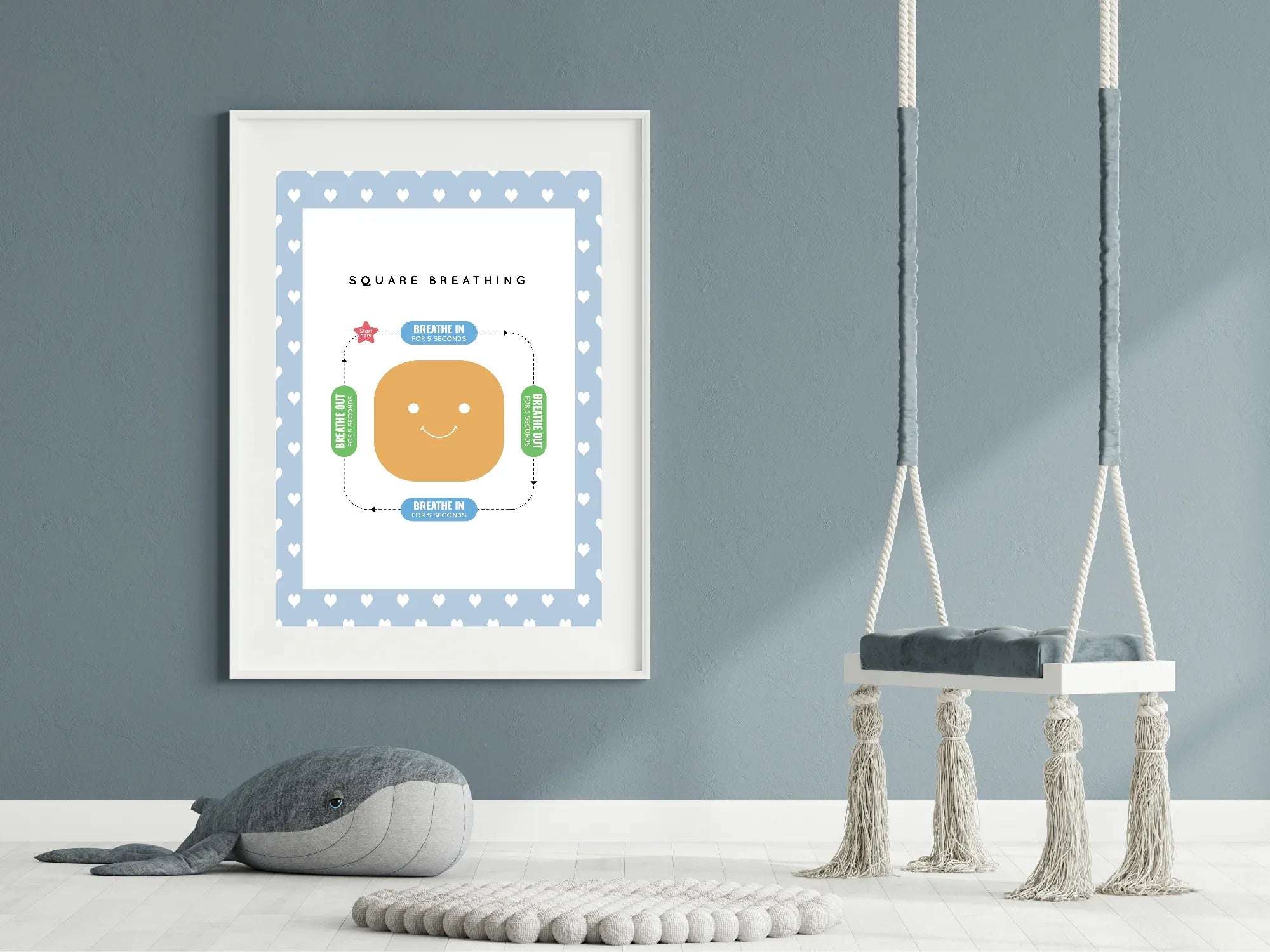 Blue & White Heart Square Breathing Poster | Emotional Support Tool Wall Art - Larosier Prints