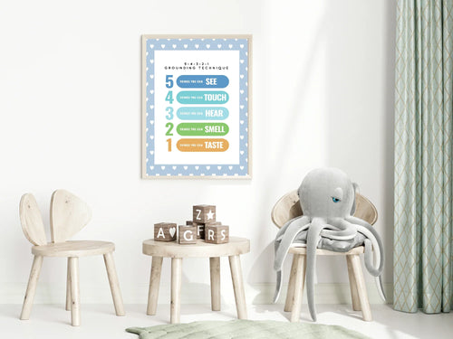 Blue & White Heart Grounding Technique Poster |Emotional Support Tool Wall Art - Larosier Prints