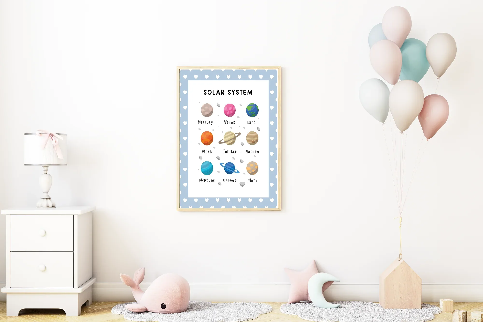 Blue & White Heart Solar System Poster | Educational Wall Art - Larosier Prints