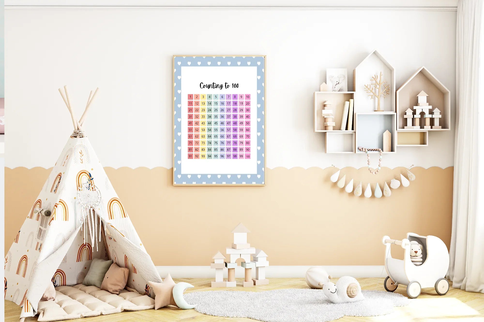 Blue & White Heart Count To 100 Poster | Educational Wall Art - Larosier Prints