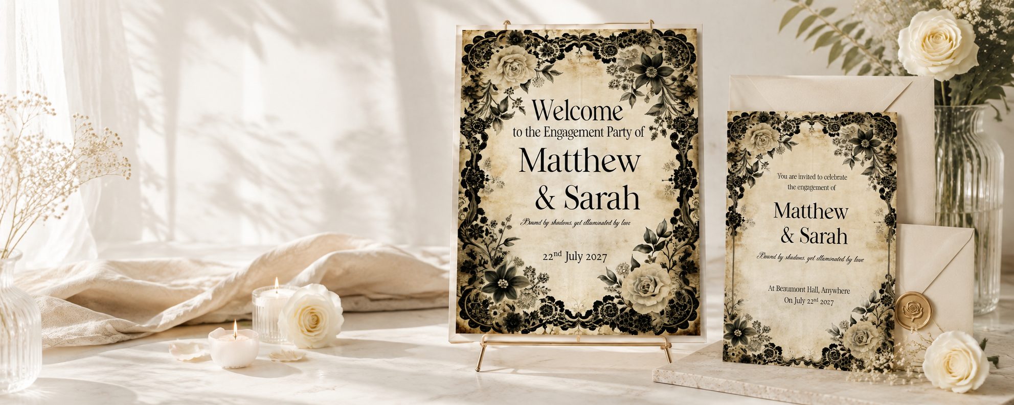 A styled wedding invitation suite displayed on a tabletop, featuring a large welcome sign on a small easel and a matching envelope card set. The designs have ornate black floral borders with cream centers and elegant typography reading 'Welcome to the Engagement Party of Matthew & Sarah'.