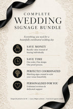 Promotional graphic for a 'Complete Wedding Signage Bundle' featuring elegant black typography on a textured cream cardstock background with a subtle damask pattern. The design is accented by flowing black ribbons in the top-left and bottom-right corners, with four black circular icons listing benefits: saving money, saving time, perfectly coordinated signs, and personalization.