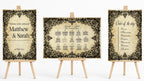 A coordinated wedding stationery set displayed on small wooden easels, including a guest book, unplugged sign, pick a seat sign, confetti sign, thank you sign, table numbers sign, and three matching printed cards. The design uses a distressed beige background with ornate black damask-style borders and elegant script text.