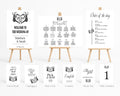 A wedding reception sign and program set displayed on wooden easels, including a welcome sign, seating plan, order of the day, guest book, unplugged, pick a seat, confetti, thank you card, and table numbers.