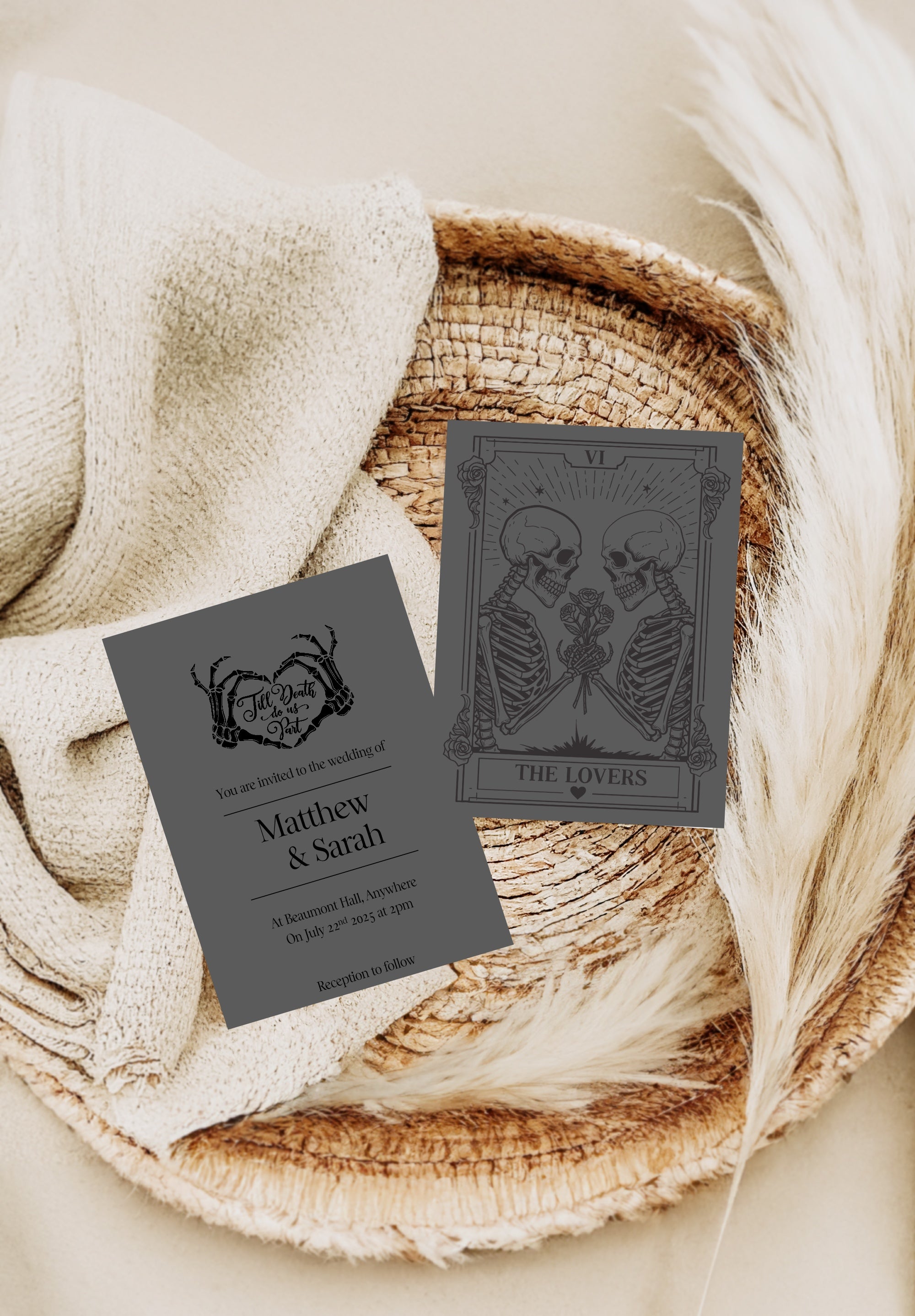 Pack of 10 Custom Gothic Skeleton Heart Tarot Card Wedding Invitations | Charcoal